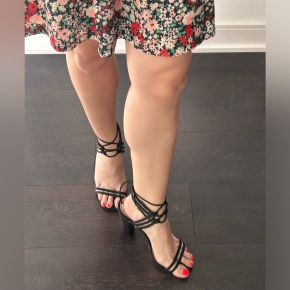 Suede and mesh 3.25 inch block heel sandal in black. - Picture 1 of 4